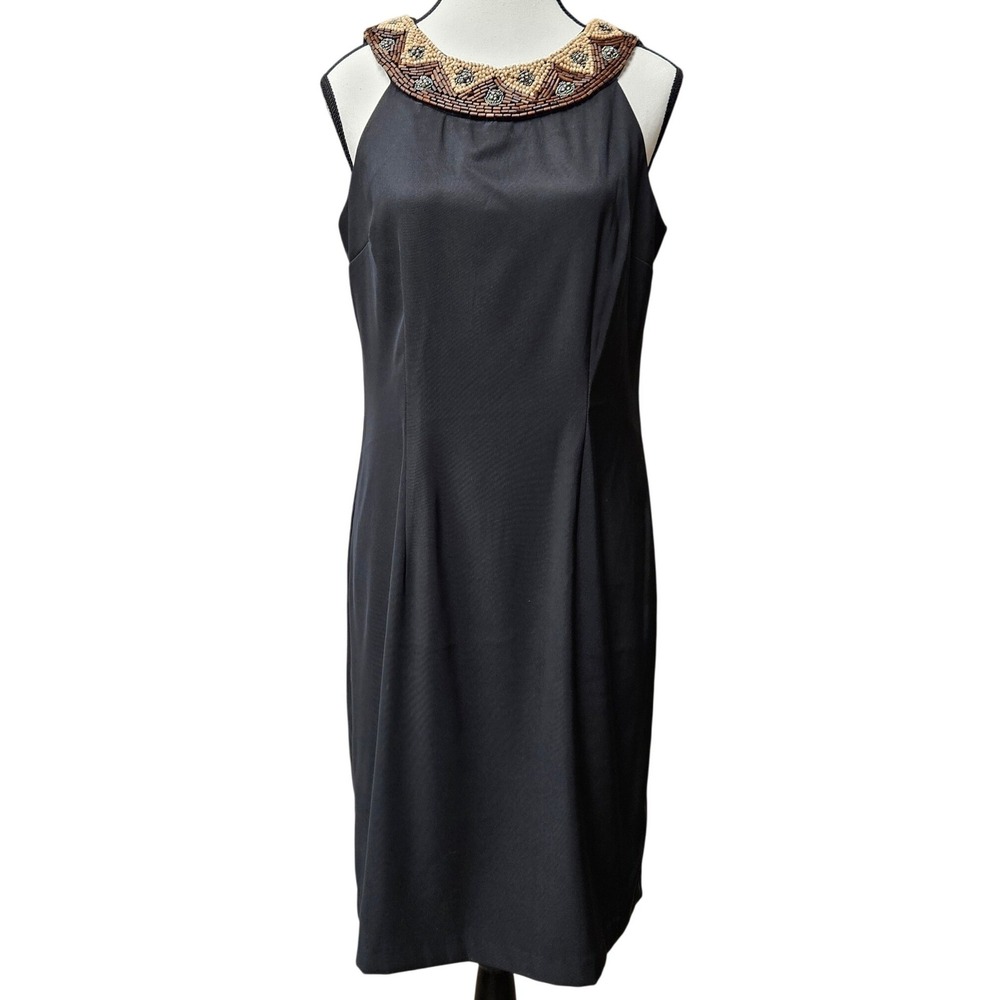 AB Studio Sheath Dress Women 10 Black Beaded Neckline Sleeveless Halter Boho - Picture 1 of 11